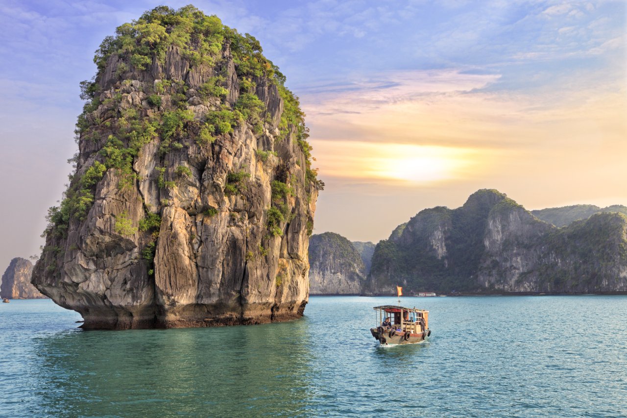 A stunning shot of Halong Bay in Vietnam at sunset 