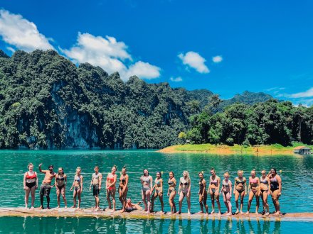 Group photo at Khao Sok national park's floating bungalows in Thailand 